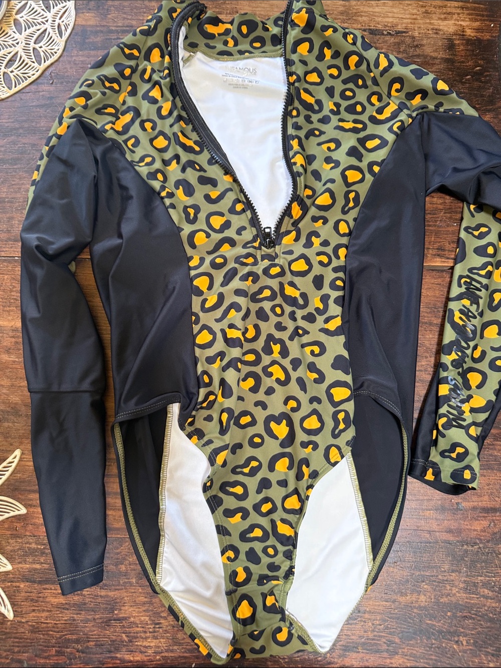 Unknown Brand Olive & Black Leopard Print Long Sleeve One-Piece Swimsuit